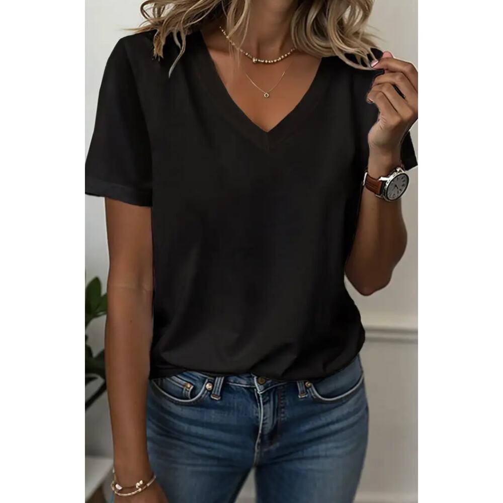 Flamingals Black V Neck Tee XL Short Sleeve NWT -  Soft Casual Elevated Basic
